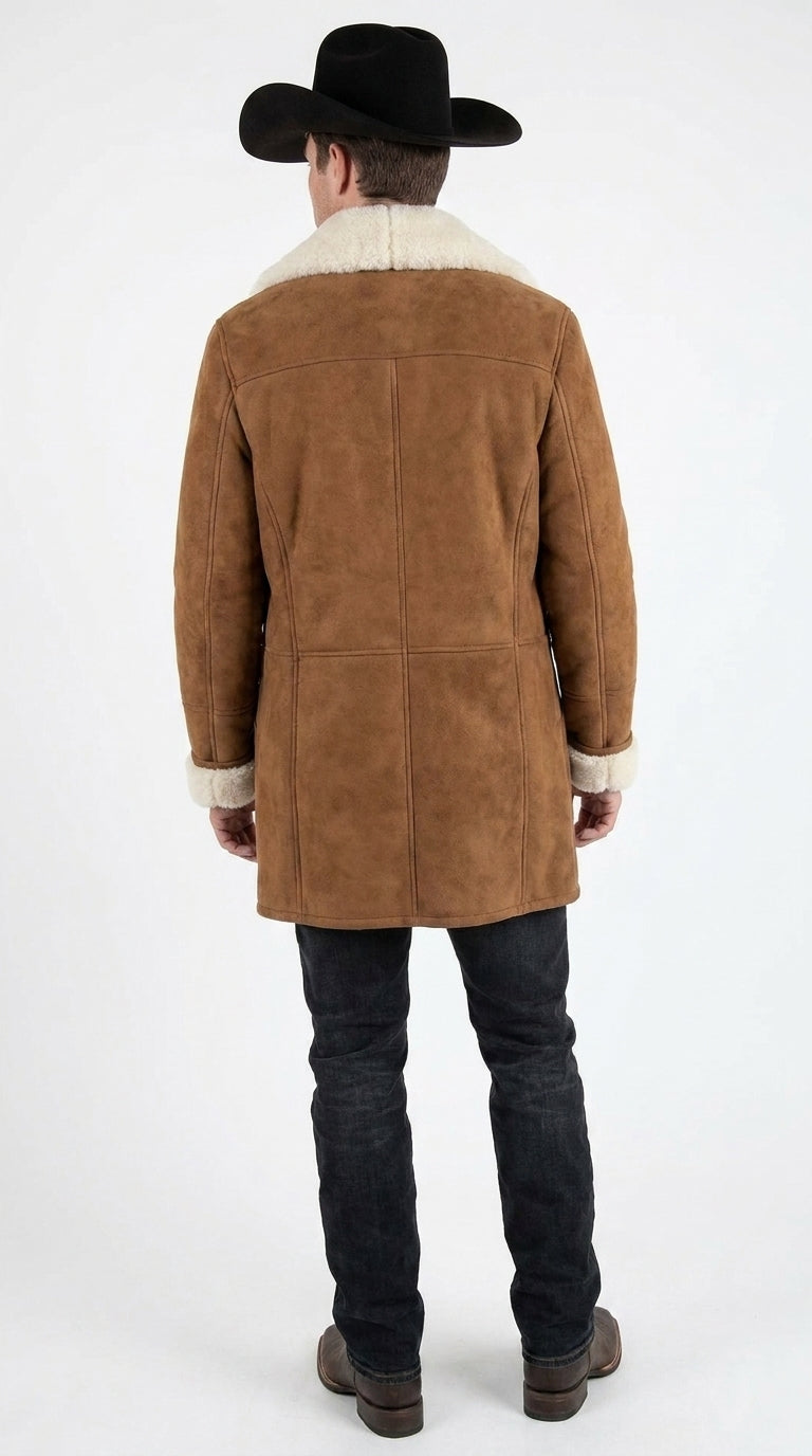 Men’s Long Brown Sheepskin Western Jacket, Cowboy Sherpa Style Ranch Coat