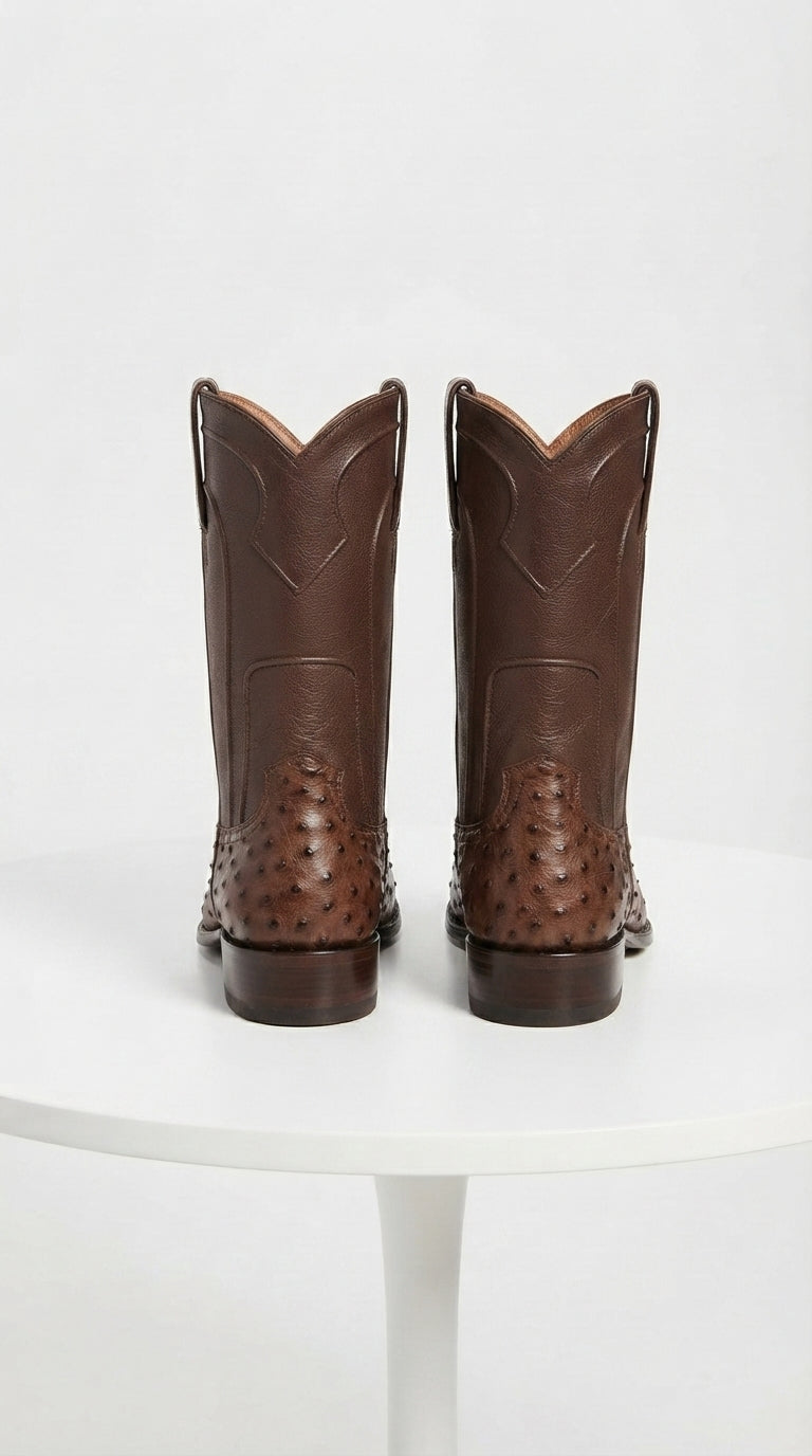 Los Altos Men’s Brown Ostrich Roper Western Boots, Exotic Cowboy Dress Boots