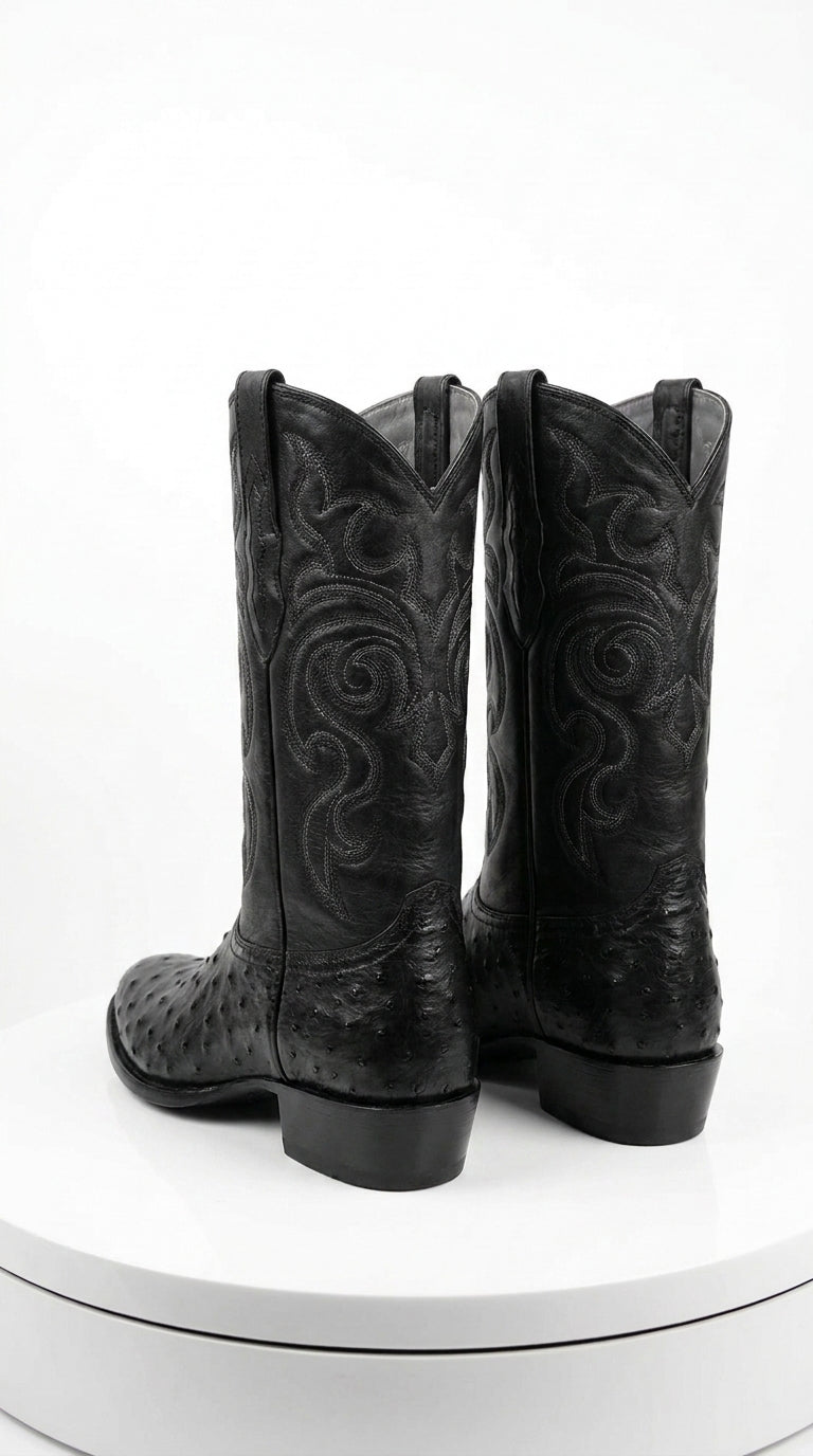Los Altos Men’s Black Full Quill Ostrich Boots, Round Toe Exotic Western Cowboy Dress Boots
