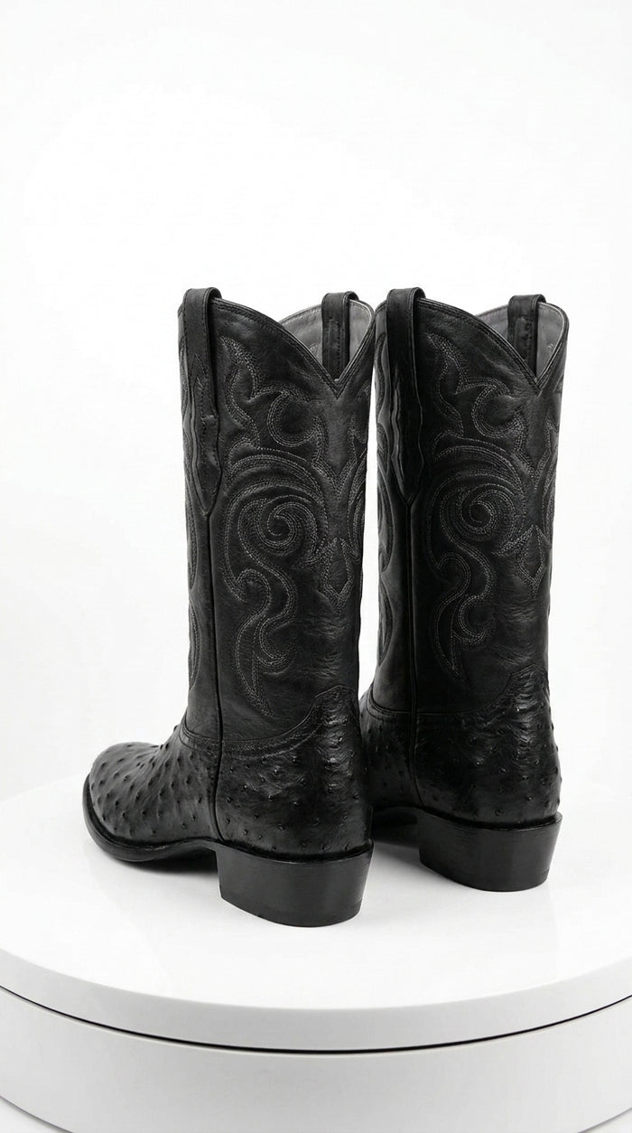 Los Altos Men’s Black Full Quill Ostrich Boots, Round Toe Exotic Western Cowboy Dress Boots