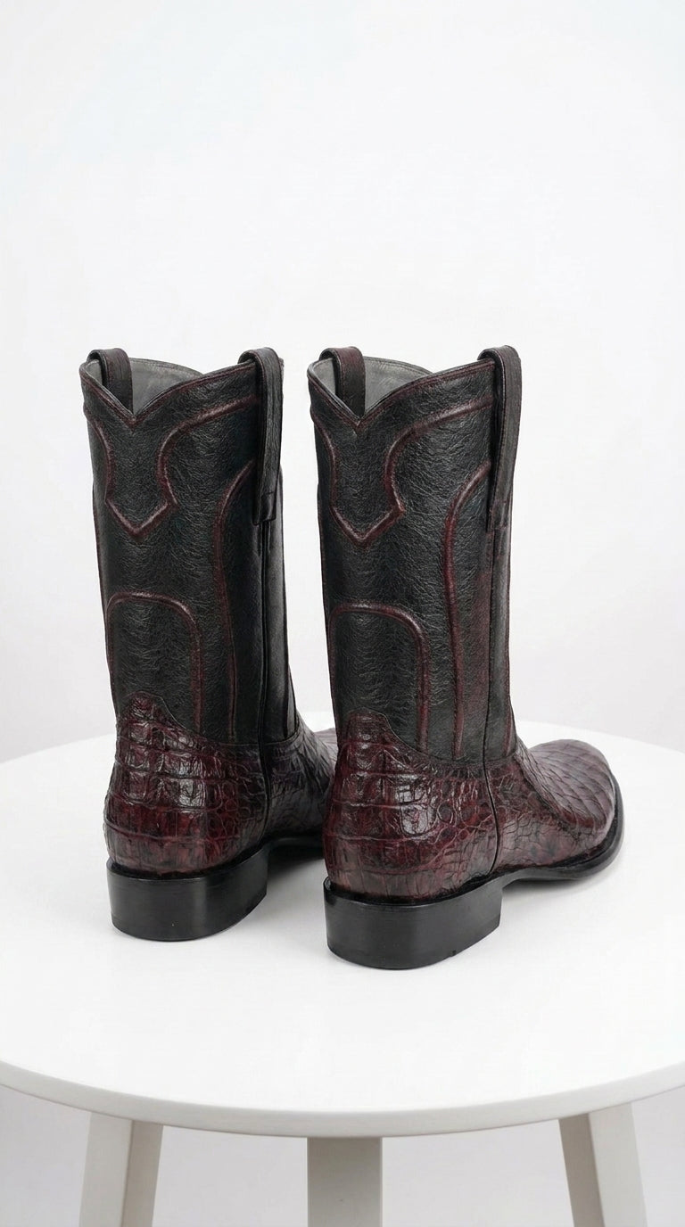 Los Altos Men’s Black Cherry Caiman Belly Roper Toe Boots, Exotic Western Cowboy Dress Boots