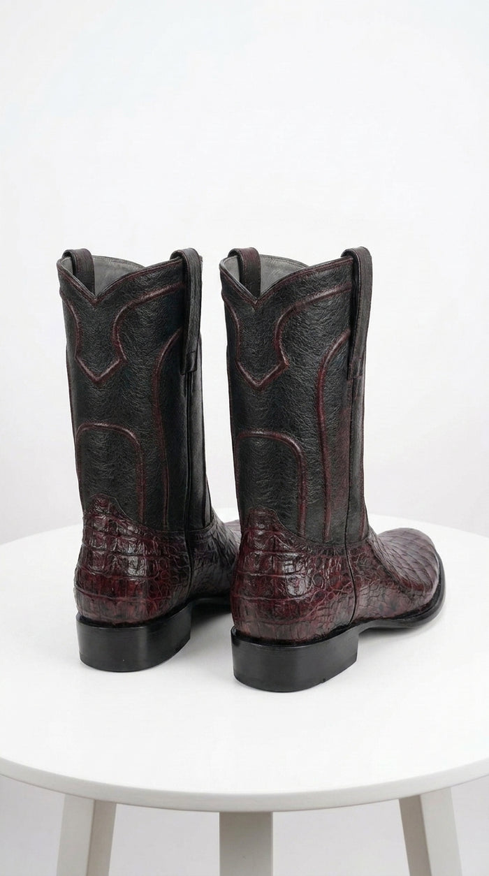 Los Altos Men’s Black Cherry Caiman Belly Roper Toe Boots, Exotic Western Cowboy Dress Boots