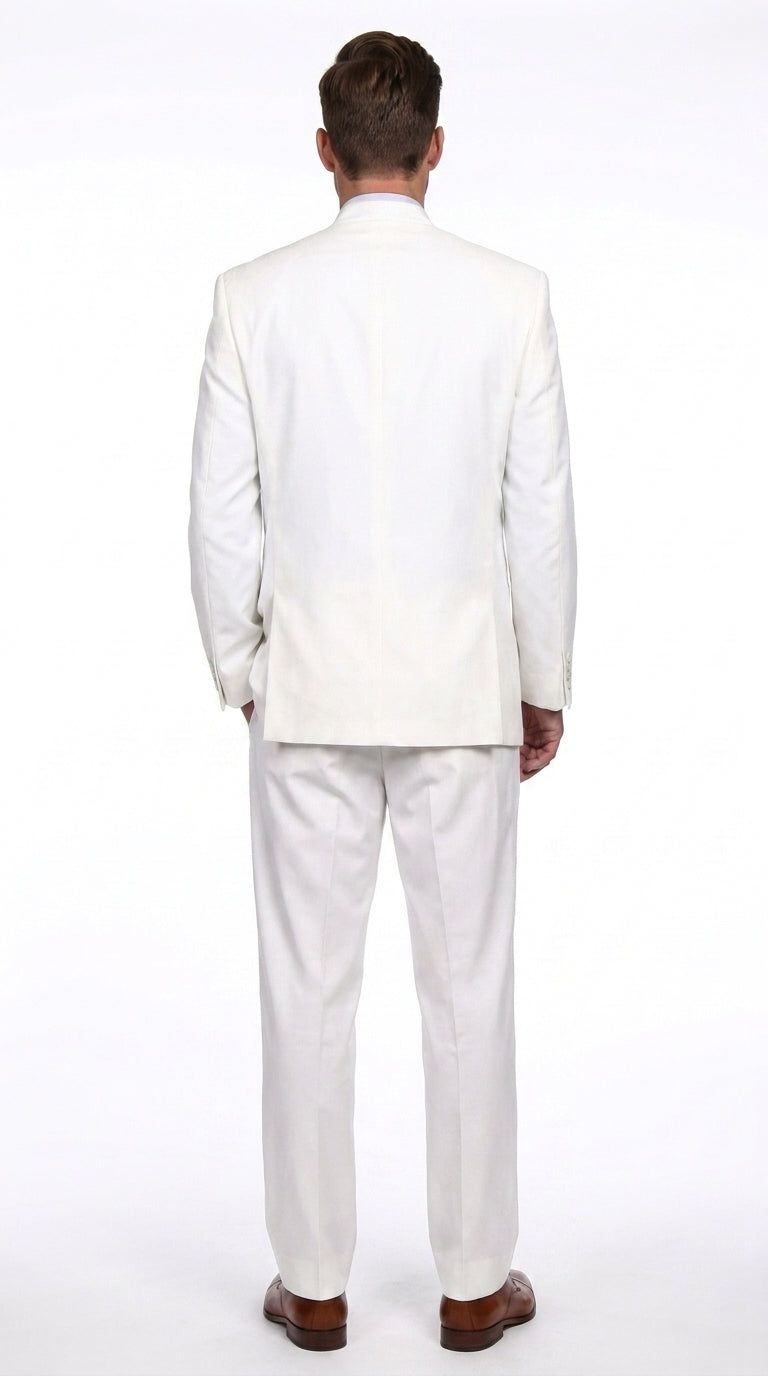 Men’s White 5 Button Mandarin Collar Suit, Designer Brand All White Formal Wedding Dress Suit