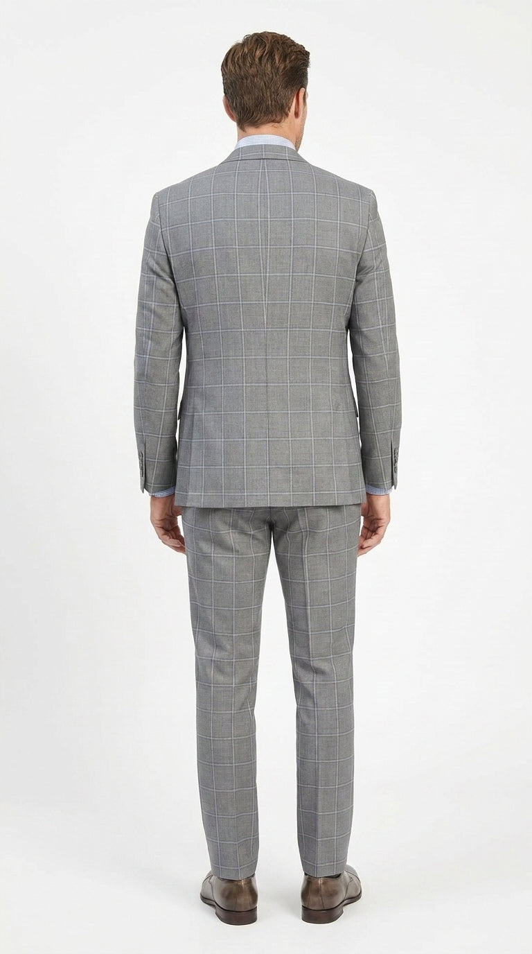 Men’s Light Grey Windowpane Plaid Suit, 1920s Inspired 3 Piece Formal Wedding Dress Suit