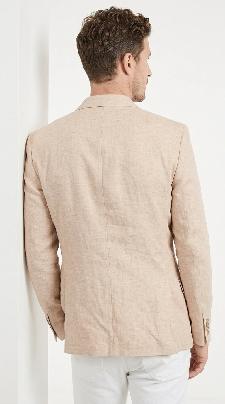 Men’s Beige Linen Blazer, 2 Button Summer Sport Coat for Weddings, Business and Casual Events