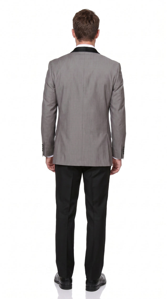 Men’s Grey Tuxedo Jacket with Black Shawl Lapel, 1 Button Formal Wedding Prom Blazer