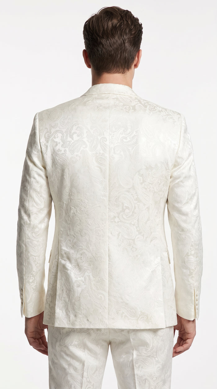 Men’s Off White Paisley Pattern Party Blazer, 1 Button Fancy Formal Suit Jacket