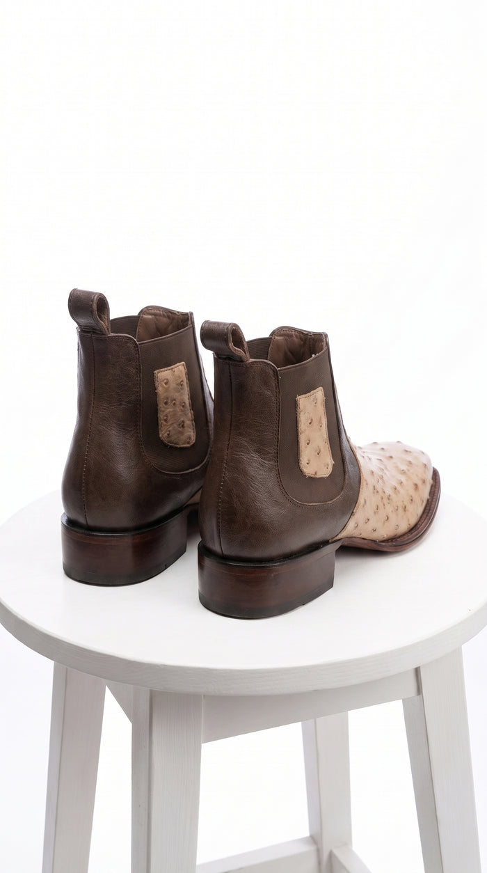 Men’s Los Altos Moka Ostrich Short Boots, Wide Square Toe Exotic Western Dress Boots