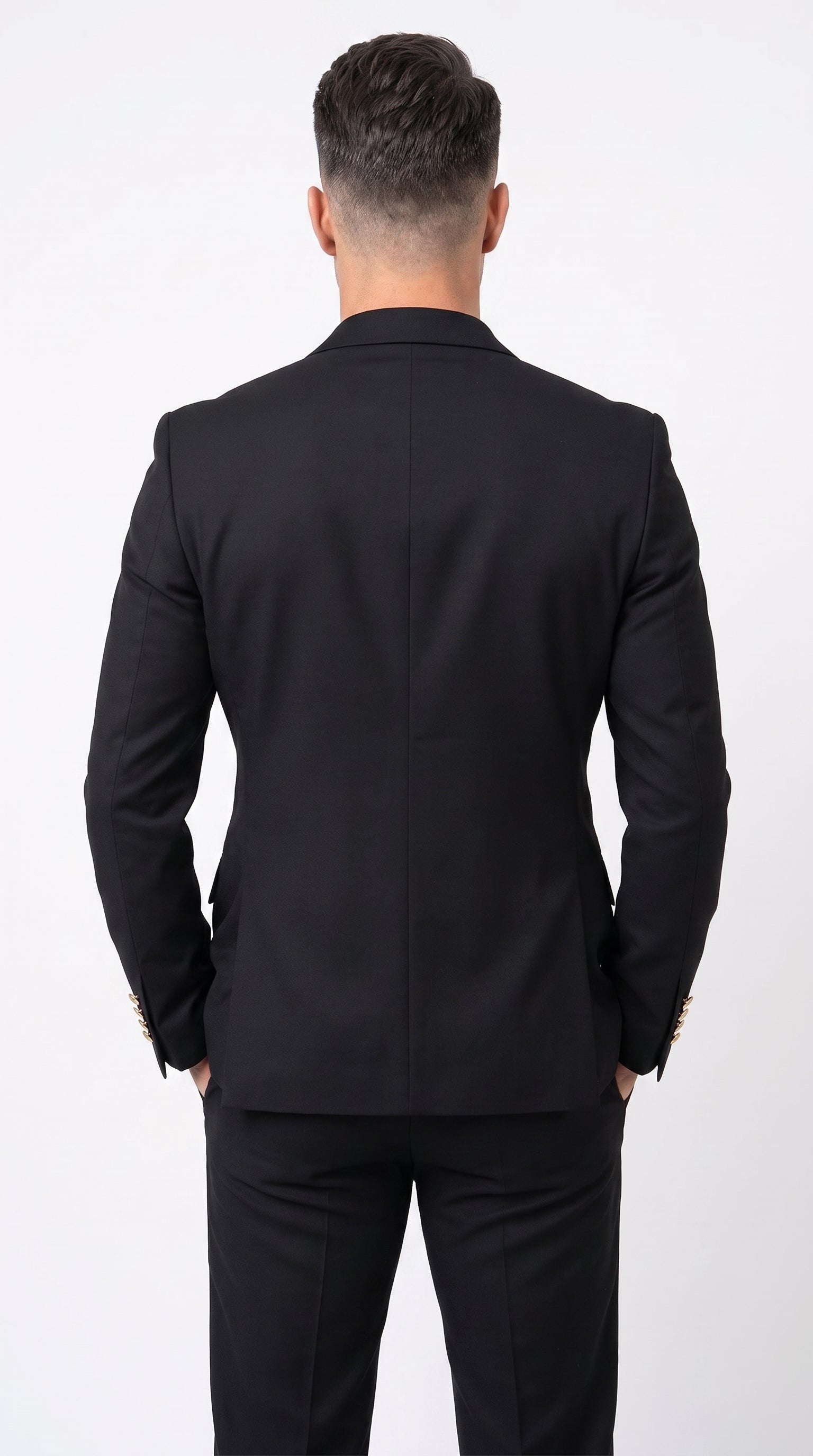 Men’s Black Double Breasted Blazer with Gold Buttons, Formal Sport Coat for Wedding and Business
