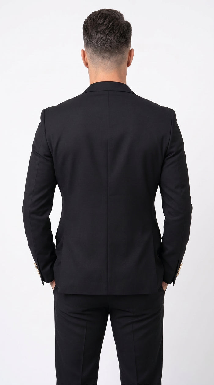 Men’s Black Double Breasted Blazer with Gold Buttons, Formal Sport Coat for Wedding and Business
