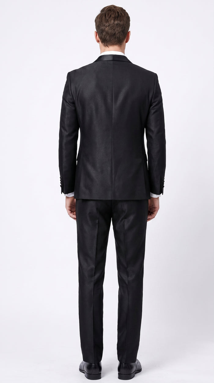 Men’s Black Sharkskin Vested Tuxedo, 1 Button Shawl Lapel Formal Wedding Prom Suit
