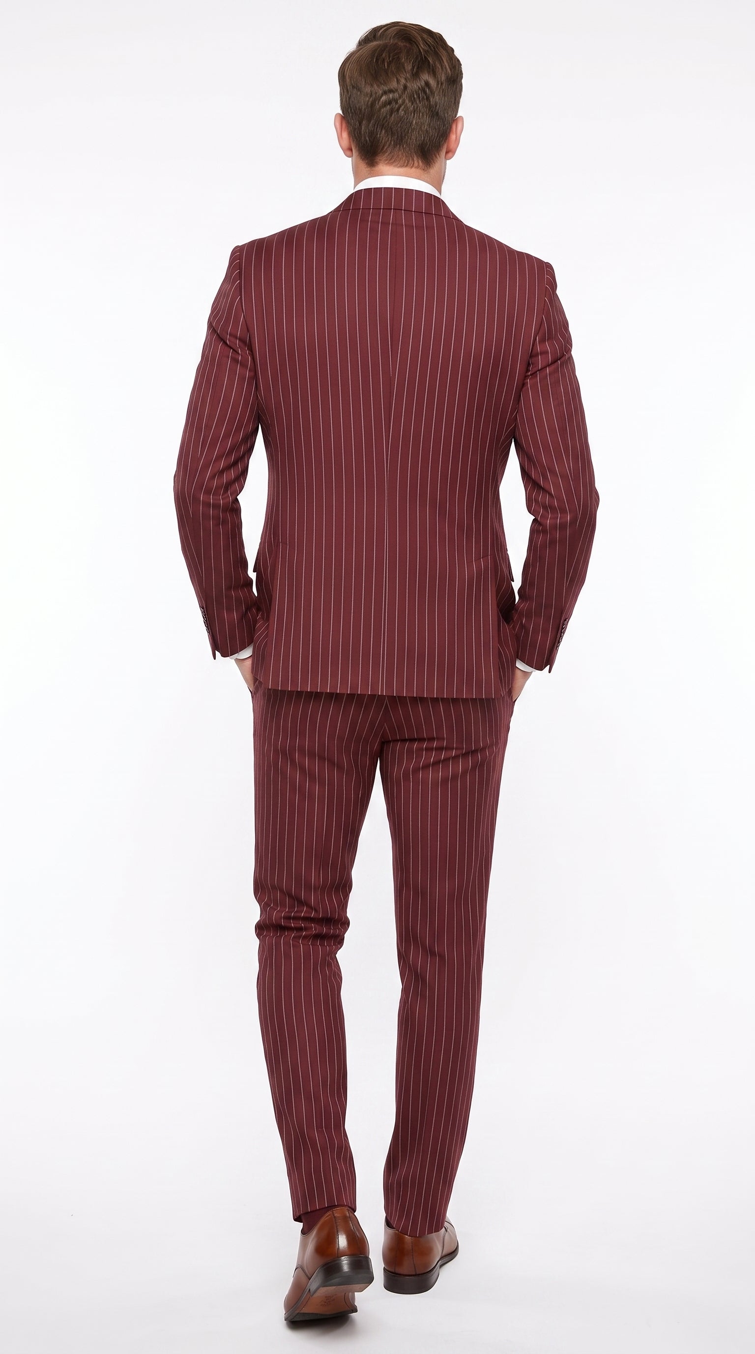 Men’s Maroon Pinstripe Double Breasted Suit, 6 Button Peak Lapel Formal Wedding Business Suit