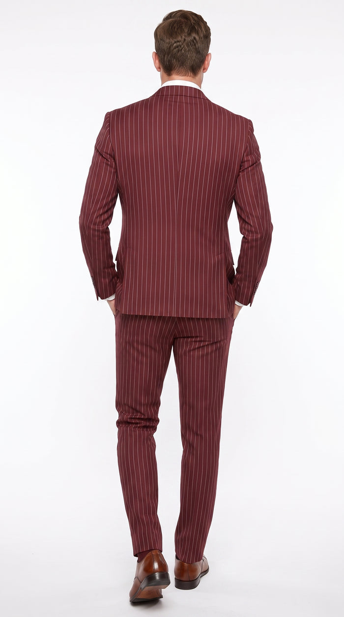 Men’s Maroon Pinstripe Double Breasted Suit, 6 Button Peak Lapel Formal Wedding Business Suit
