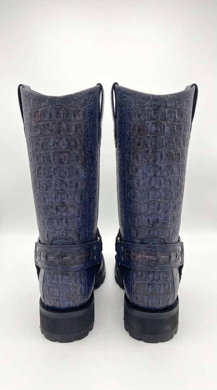 Men’s Los Altos Navy Blue Caiman Tail Skin Biker Boots – Exotic Leather Western Motorcycle Boots