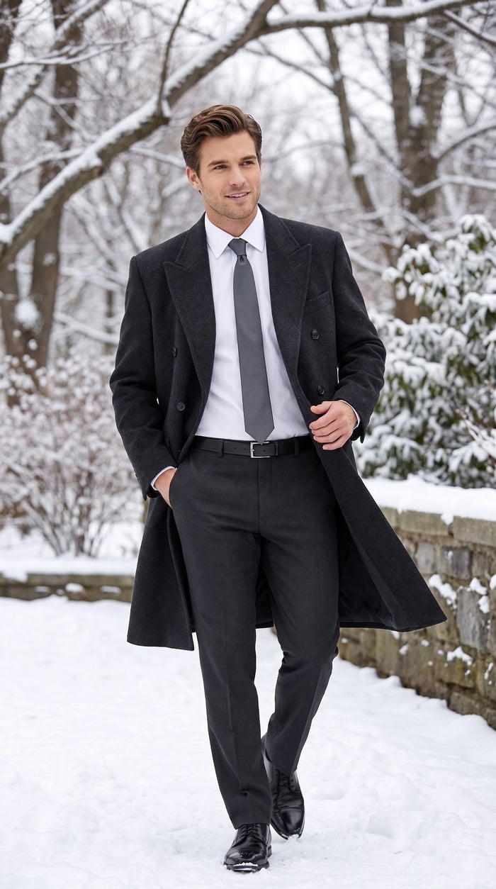 Alberto Nardoni Men’s Black Double Breasted Wool Blend Long Overcoat, Fully Lined Formal Dress Coat