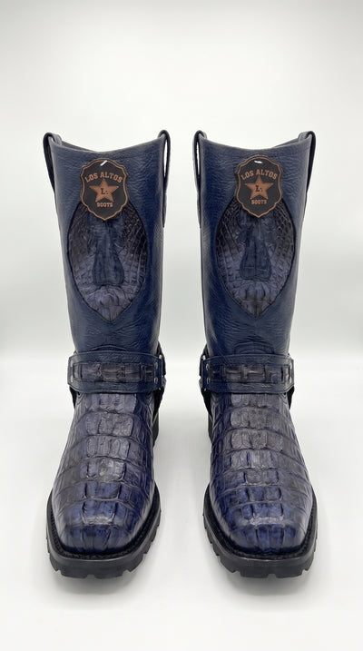 Men’s Los Altos Navy Blue Caiman Tail Skin Biker Boots – Exotic Leather Western Motorcycle Boots