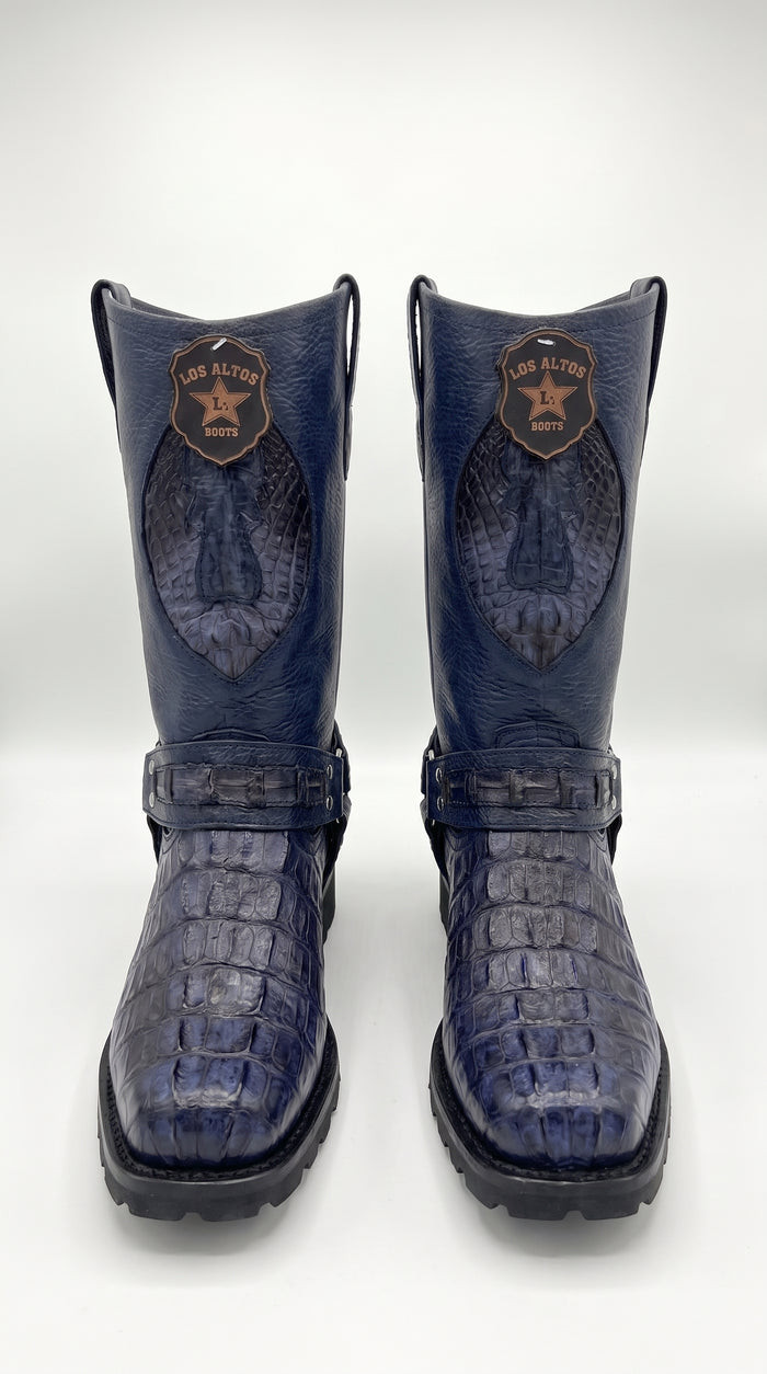 Men’s Los Altos Navy Blue Caiman Tail Skin Biker Boots – Exotic Leather Western Motorcycle Boots