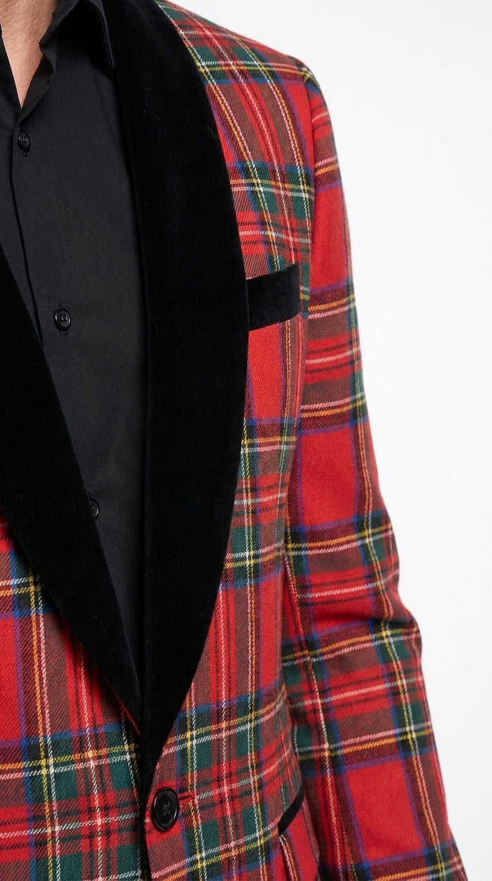 Men’s Red Tartan Plaid Shawl Lapel Holiday Blazer, PLAID-235 Formal Dinner Jacket