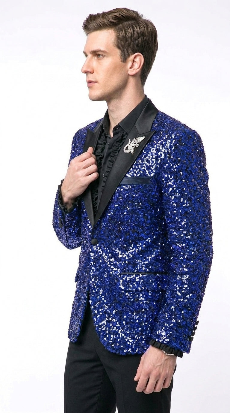 Men’s Royal Blue & Black Sequin Paisley Dinner Jacket – Glitter Sparkly Prom, Wedding and Party Tuxedo Blazer