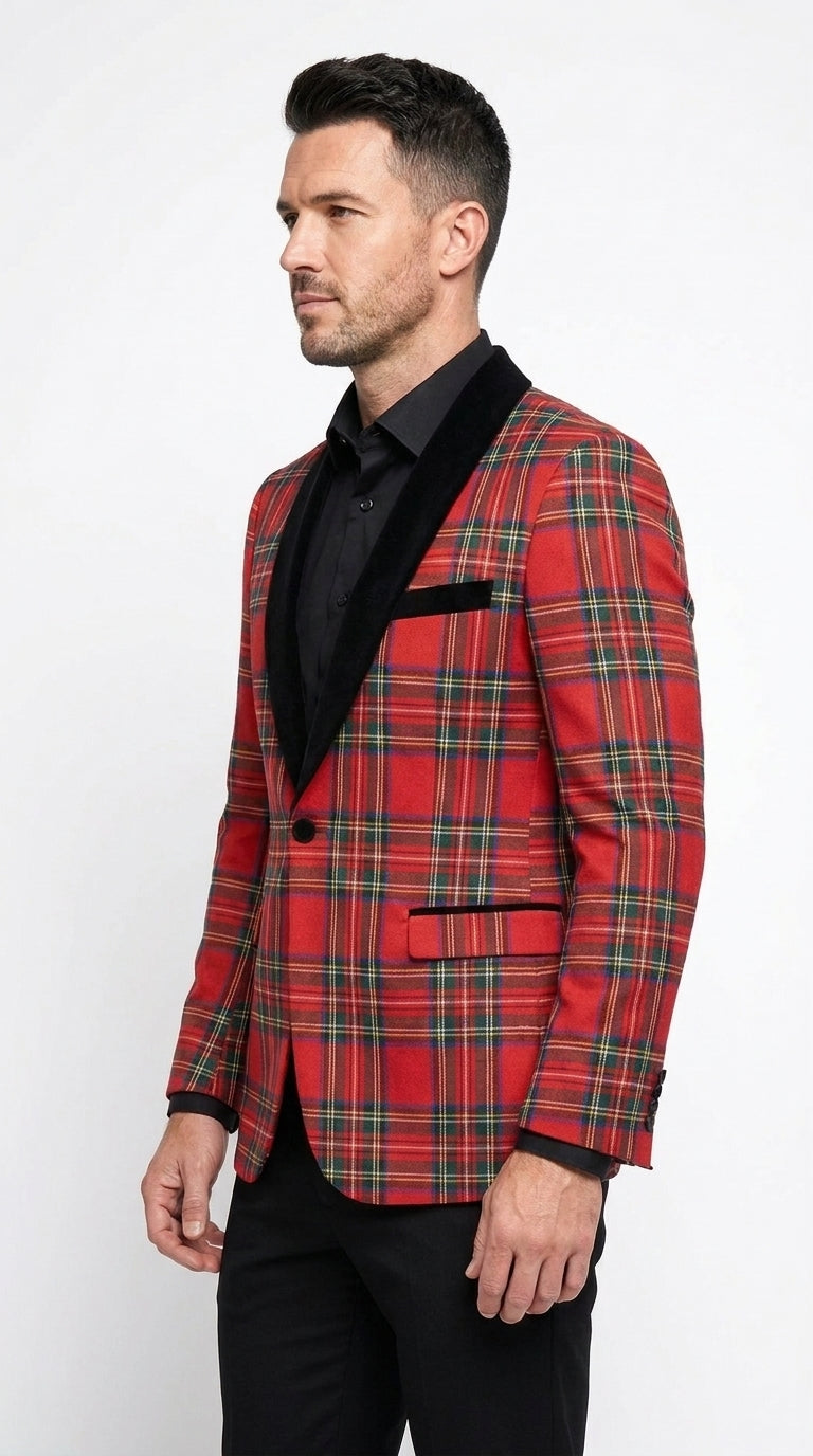 Men’s Red Tartan Plaid Shawl Lapel Holiday Blazer, PLAID-235 Formal Dinner Jacket
