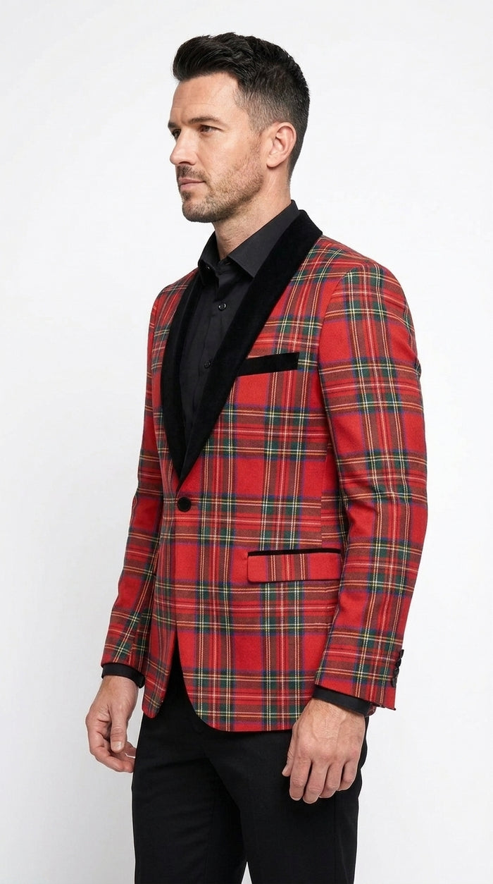 Men’s Red Tartan Plaid Shawl Lapel Holiday Blazer, PLAID-235 Formal Dinner Jacket