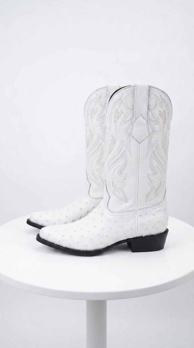 Men’s White Print Ostrich Western Boots, Exotic Cowboy Dress Boots for Wedding and Country Wear