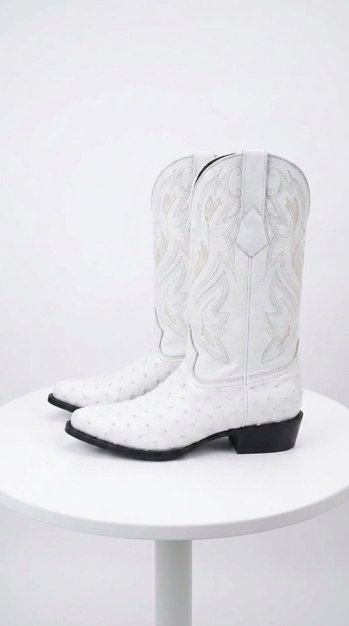 Men’s White Print Ostrich Western Boots, Exotic Cowboy Dress Boots for Wedding and Country Wear