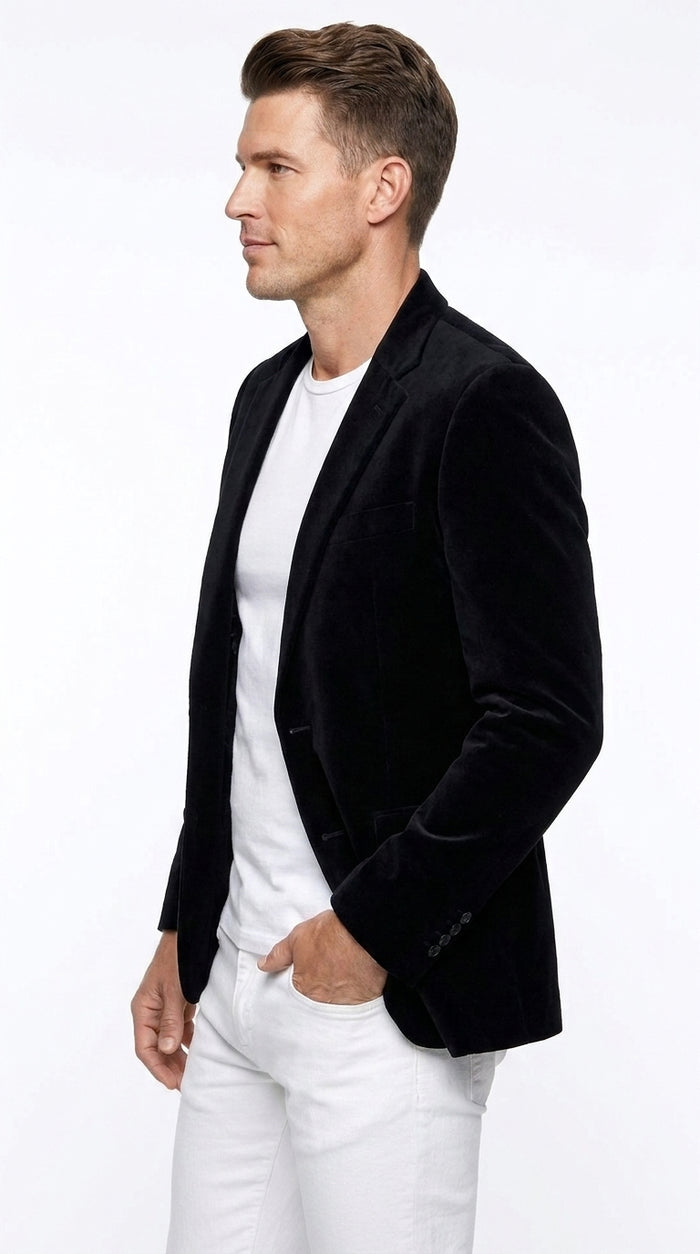 Men’s Black Velour Blazer – Classic Velvet Sport Jacket for Weddings, Parties and Formal Wear