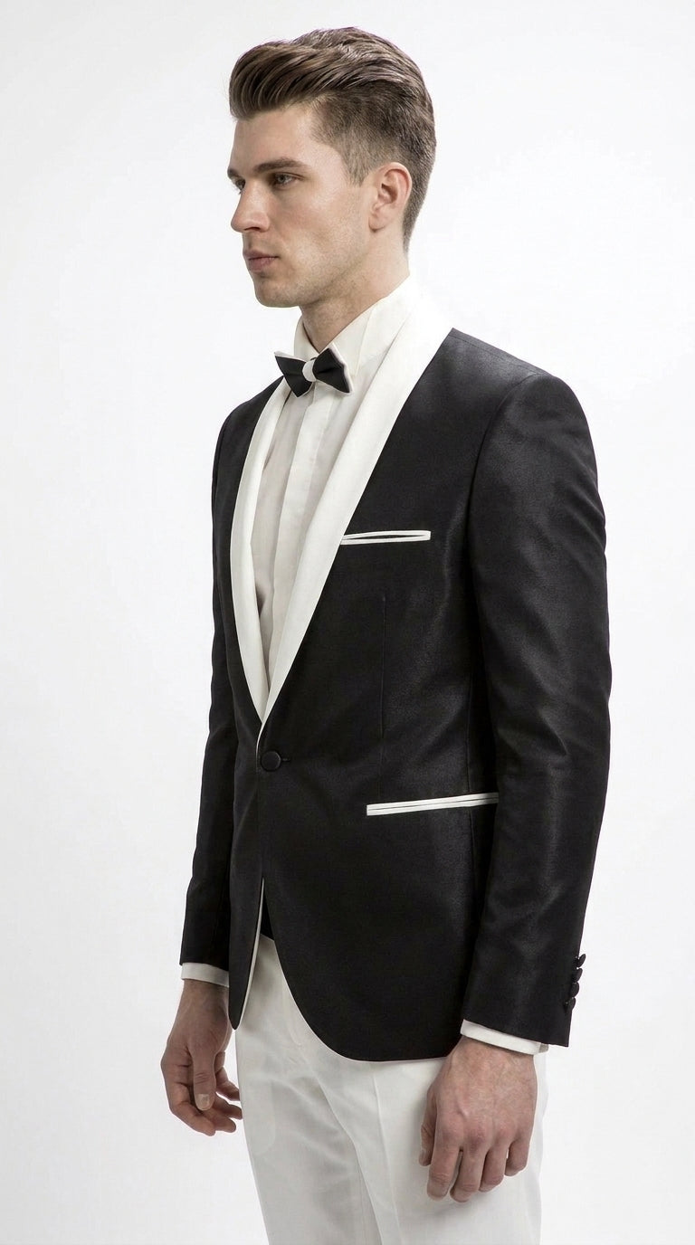 Men’s Black Dinner Jacket with White Shawl Lapel, Single Button Formal Tuxedo Blazer