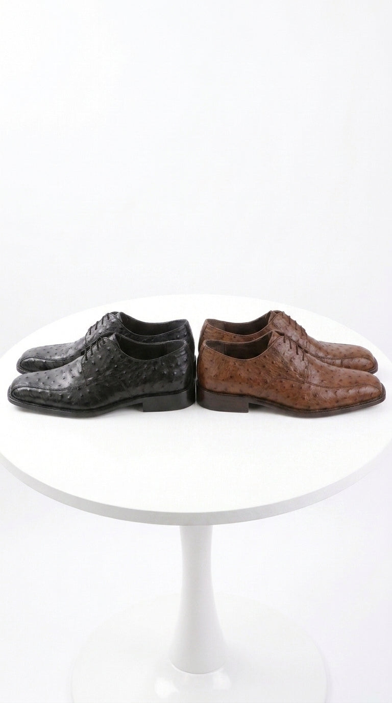 Men’s Exotic Ostrich Oxford Dress Shoes, Black and Brown Lace-Up Ostrich Skin Formal Shoes