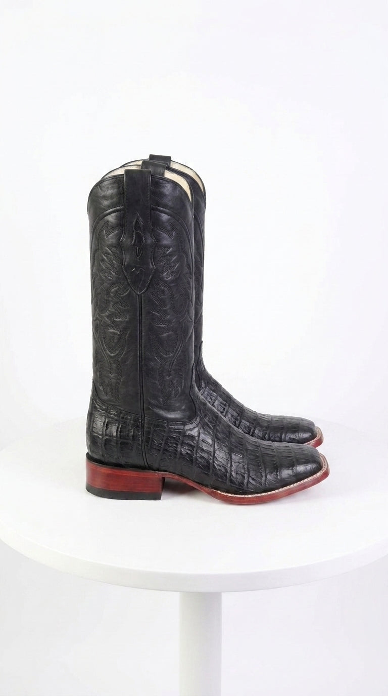 Los Altos Men’s Black Caiman Belly Wide Square Toe Boots, Exotic Western Cowboy Dress Boots