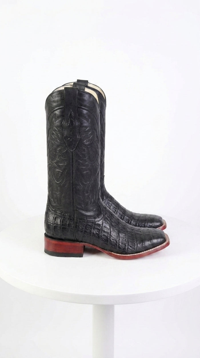 Los Altos Men’s Black Caiman Belly Wide Square Toe Boots, Exotic Western Cowboy Dress Boots