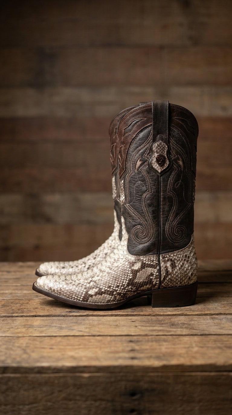 Men’s Natural Snake Skin Pointed Toe Western Boots, Exotic Cowboy Dress Boots