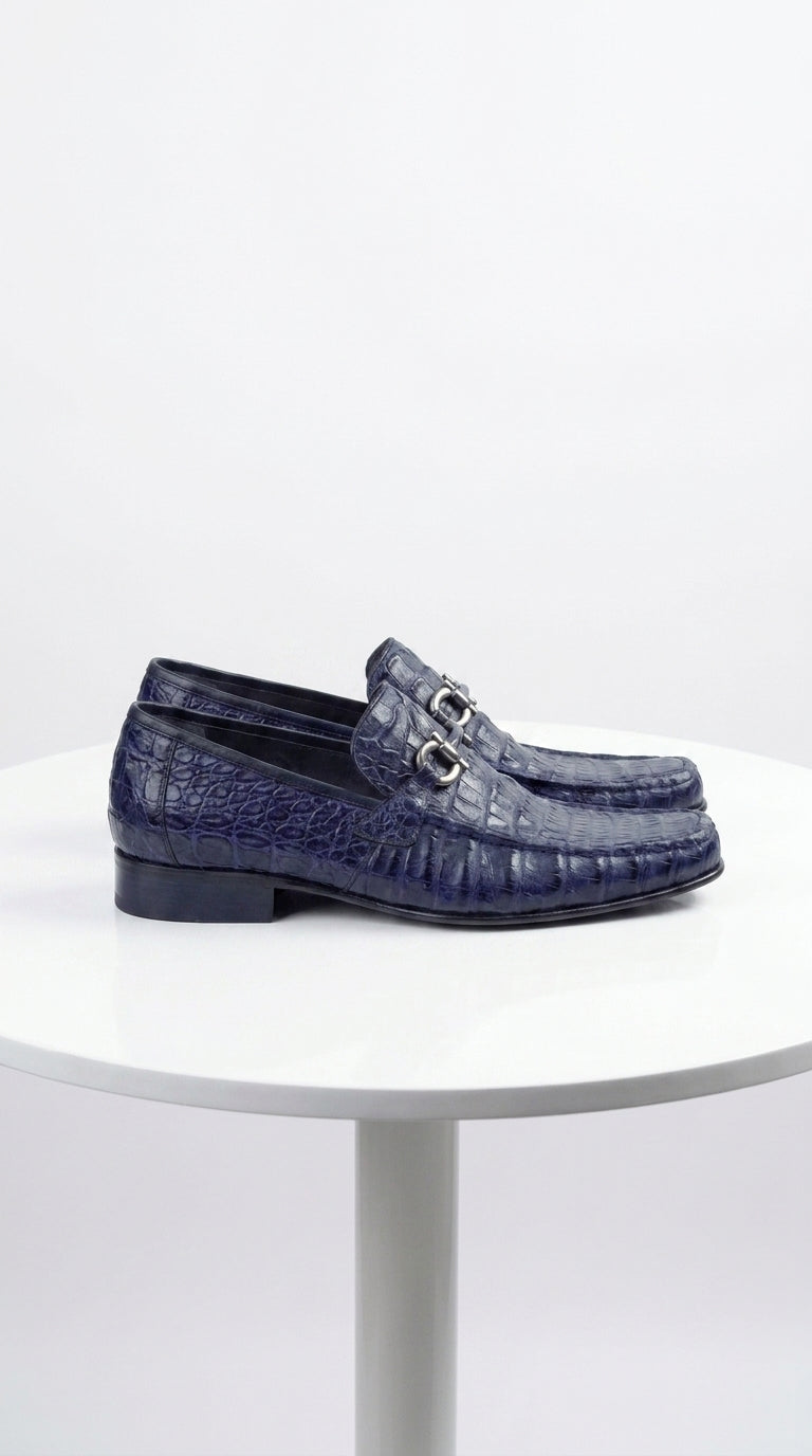 Men’s Navy Genuine Caiman Belly Loafers, Crocodile Texture Exotic Formal Dress Shoes