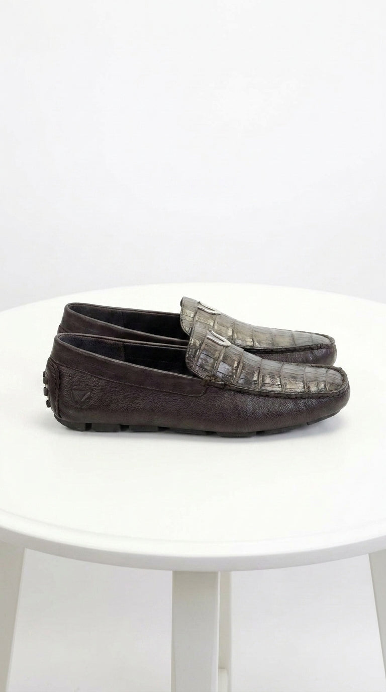 Vestigium Men’s Brown Genuine Caiman Belly Loafers, Handcrafted Alligator Texture Dress Shoes