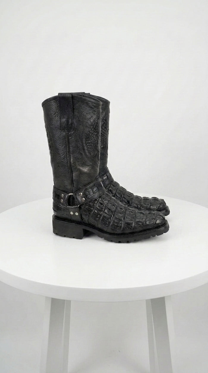 Los Altos Men’s Black Caiman Tail Skin Biker Boots, Exotic Western Motorcycle Boots