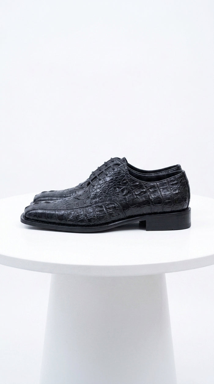 Los Altos Men’s Black Gator Belly Dress Shoes, Exotic Lace-Up Formal Shoes