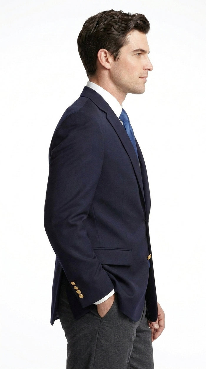 Men’s Classic Navy Blue Sport Coat with Brass Buttons, Handmade Formal Business Blazer