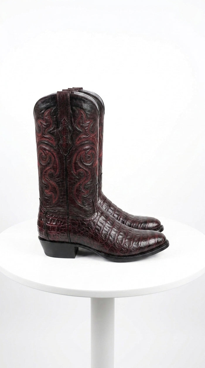 Los Altos Men’s Black Cherry Caiman Belly Boots, Round Toe Exotic Western Cowboy Dress Boots