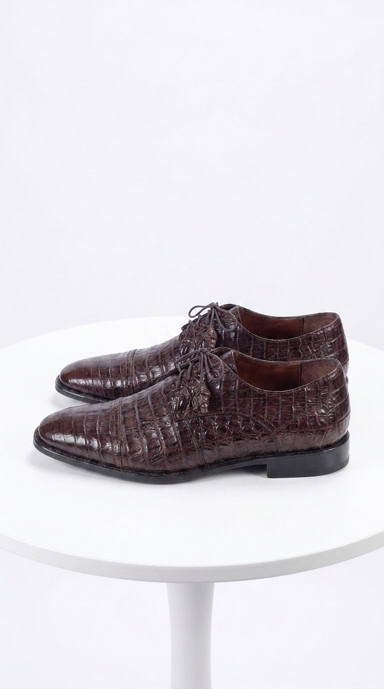 Los Altos Men’s Brown Genuine Caiman Oxford Shoes, Exotic Lace-Up Formal Dress Shoes