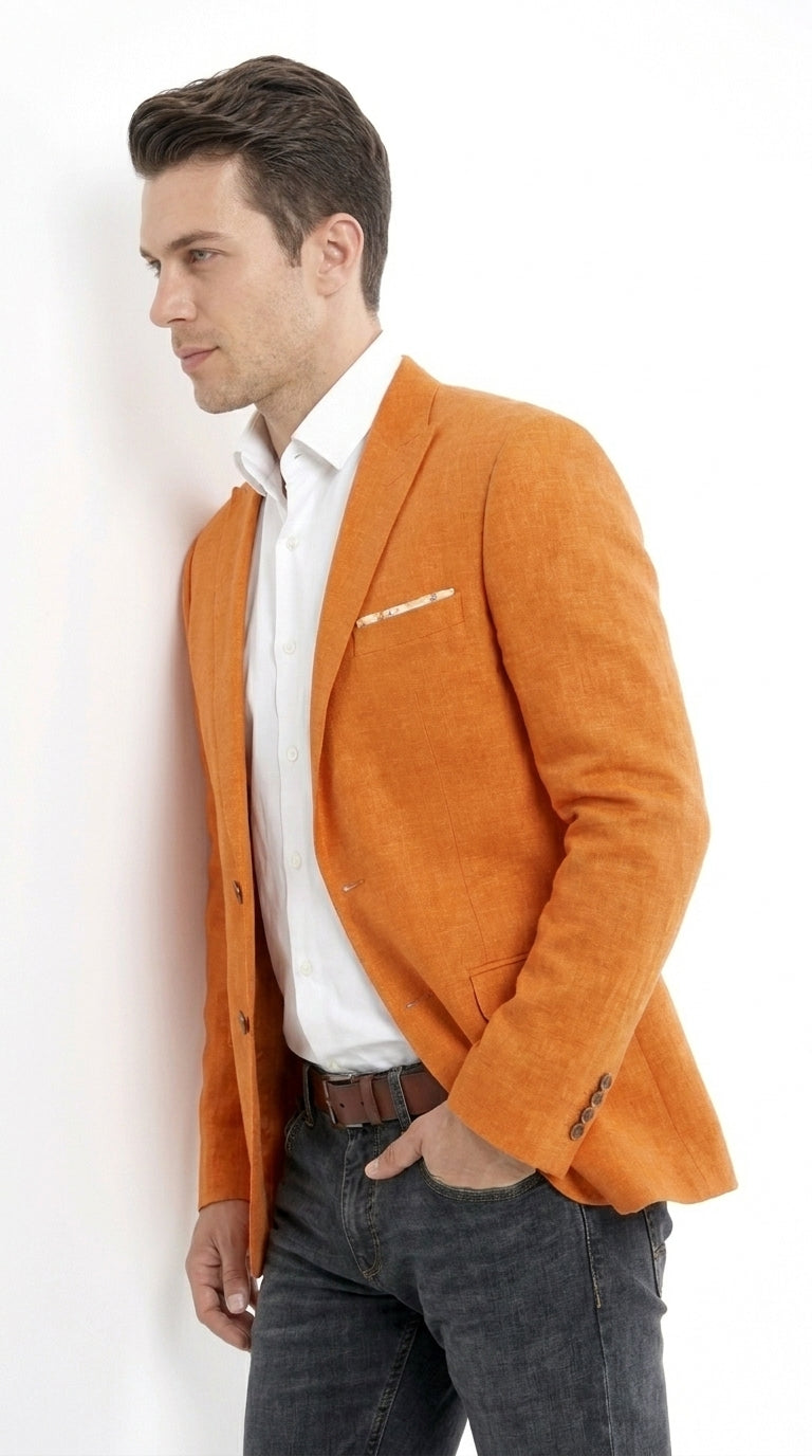 Empire Men’s Orange Two Button Summer Blazer, Lightweight Dress Sport Coat for Parties and Weddings