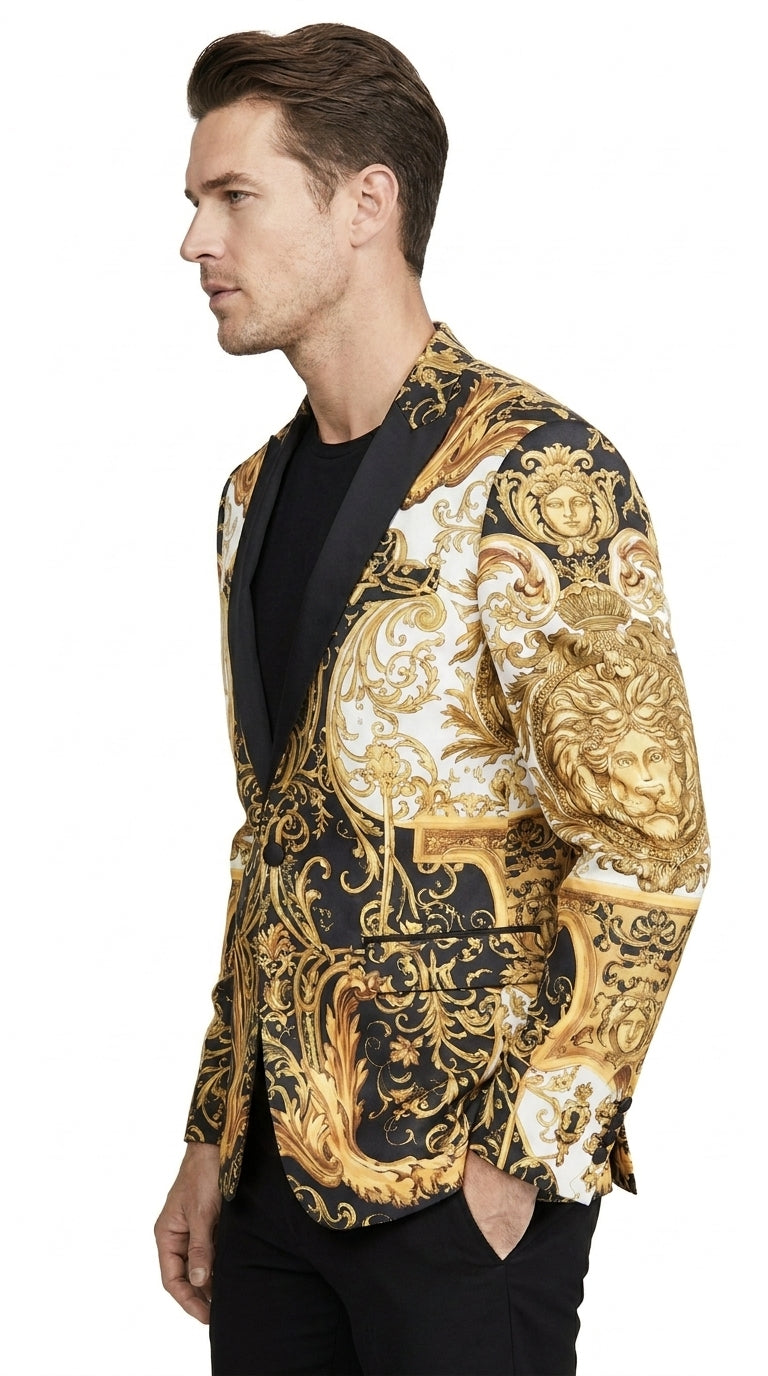 Men’s Black and Gold Baroque Blazer, Luxury Pattern Formal Party Sport Coat