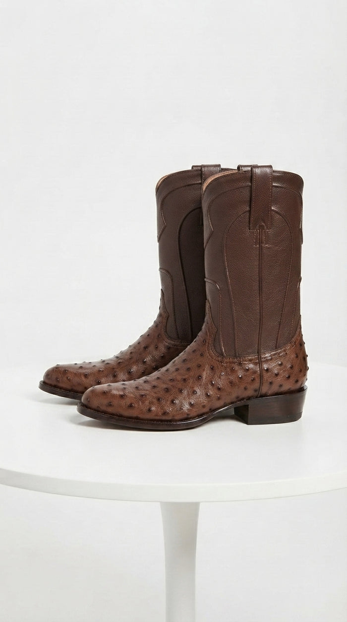 Los Altos Men’s Brown Ostrich Roper Western Boots, Exotic Cowboy Dress Boots