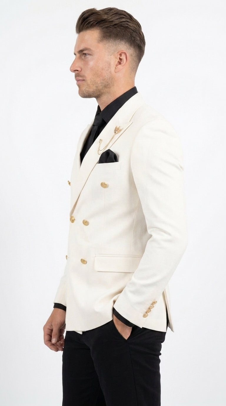 Men’s Ivory Double Breasted Blazer with Gold Buttons, Formal Wedding Prom Sport Coat
