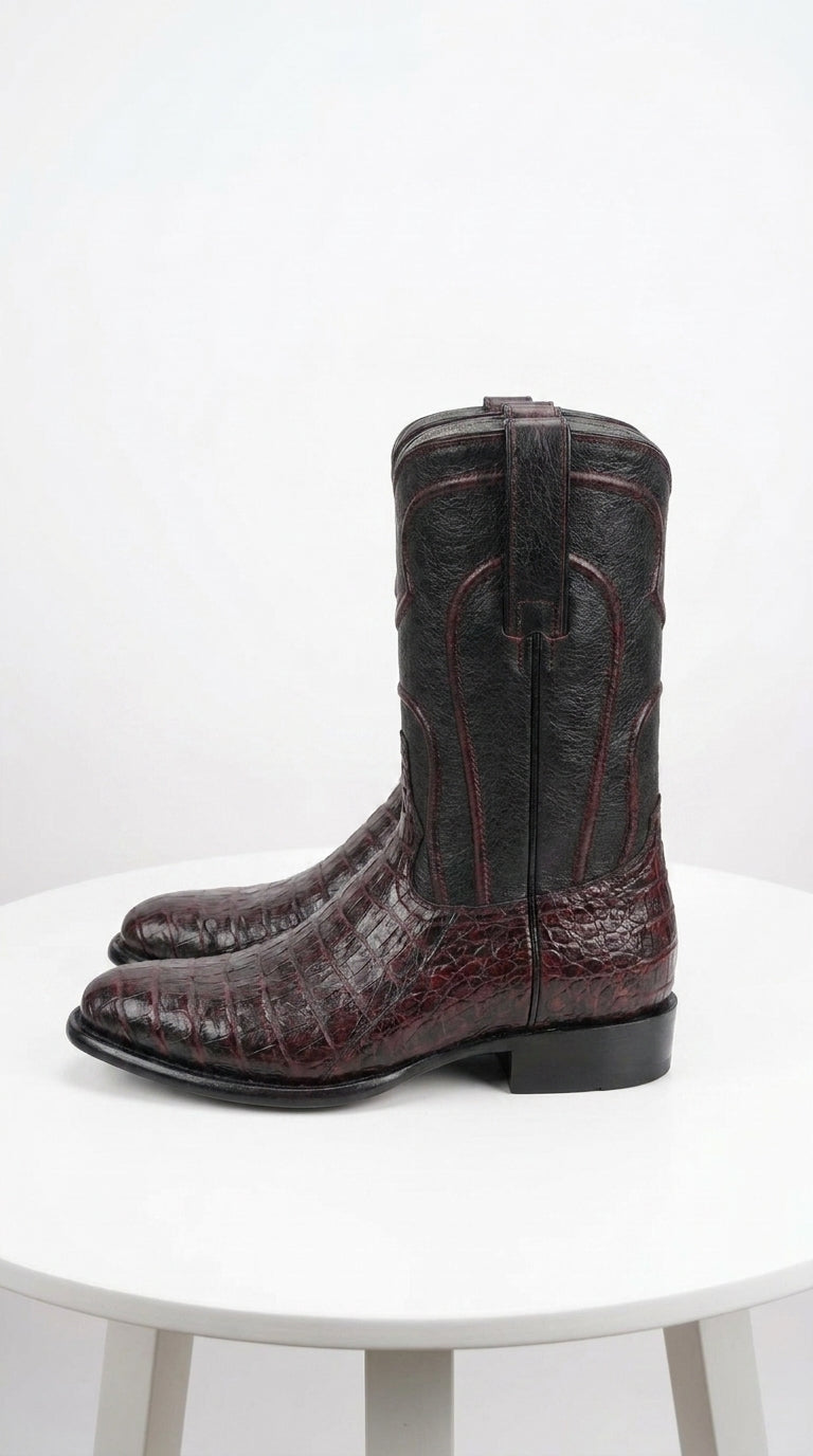 Los Altos Men’s Black Cherry Caiman Belly Roper Toe Boots, Exotic Western Cowboy Dress Boots