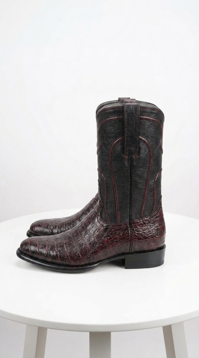 Los Altos Men’s Black Cherry Caiman Belly Roper Toe Boots, Exotic Western Cowboy Dress Boots