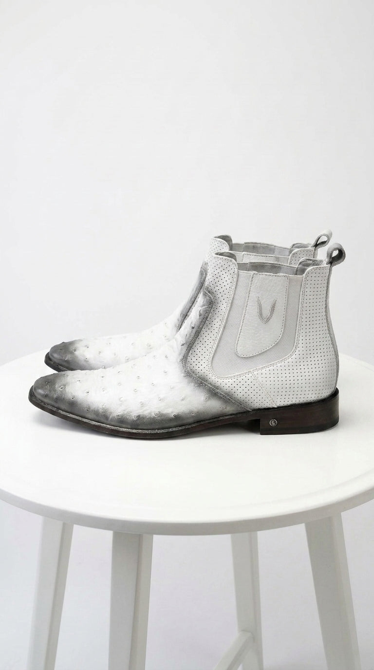 Men’s Faded White Ostrich Chelsea Boots, Exotic Dress Ankle Boots for Formal and Western Style