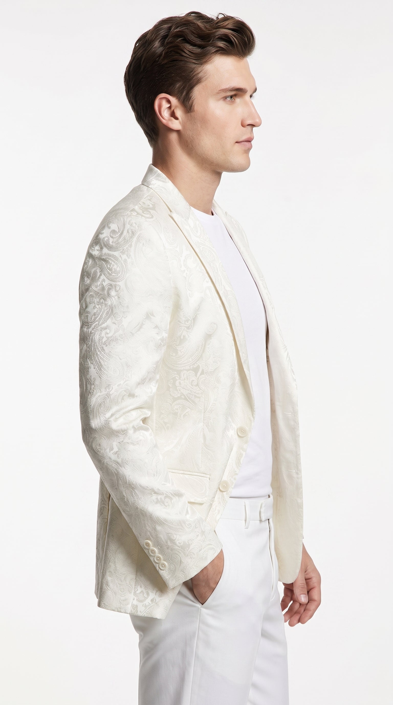 Men’s Off White Paisley Pattern Party Blazer, 1 Button Fancy Formal Suit Jacket