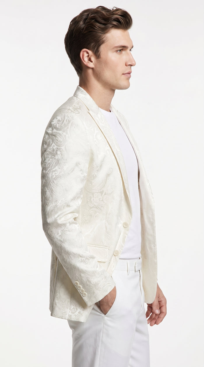 Men’s Off White Paisley Pattern Party Blazer, 1 Button Fancy Formal Suit Jacket