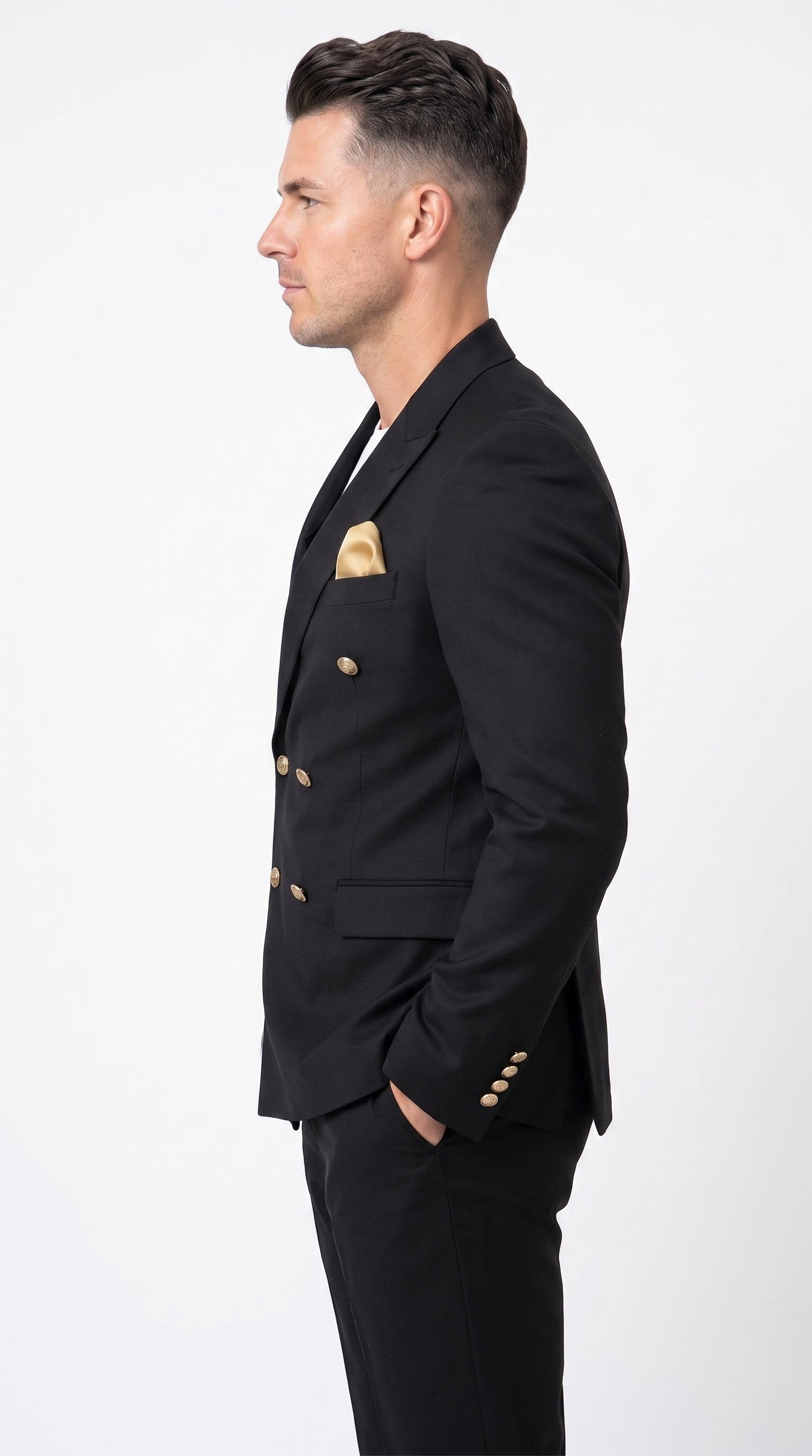 Men’s Black Double Breasted Blazer with Gold Buttons, Formal Sport Coat for Wedding and Business